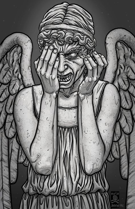 "Whatever you do, don’t blink." Weeping Angel, Angel Drawing, Doctor Who Art, Halloween 2014, 31 Days Of Halloween, Black Ink Tattoos, Tree Drawing, 31 Days, Angel Art