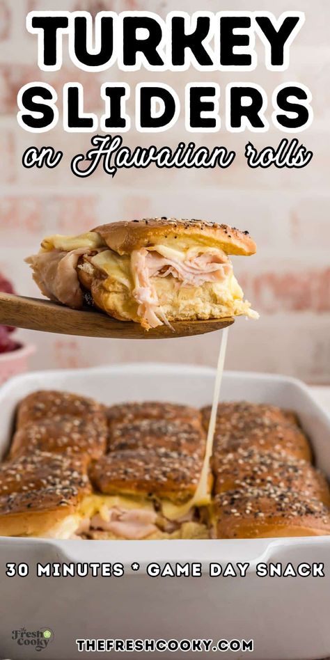 These baked turkey and cheese sliders on King's Hawaiian rolls are the perfect 30-minute meal! Ideal for game day, they're packed with flavor, melty cheese, and a sweet, buttery glaze that’ll have everyone asking for more. Get the recipe via @thefreshcooky Game Day Hawaiian Roll Sliders, Oven Baked Sandwiches Hawaiian Rolls, Turkey Slider Recipes, Baked Turkey Sliders Hawaiian Rolls, Smoked Turkey Sliders On Hawaiian Rolls, Slider Recipes Hawaiian Rolls Turkey, Turkey And Cheese Hawaiian Rolls Sliders, Leftover Turkey Sliders Hawaiian Rolls, Healthy Hawaiian Roll Sliders