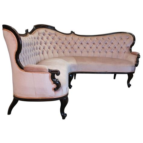 Monumental Victorian corner parlor sofa featuring serpentine walnut frame with S scroll caved and padded arms.  Features queen anne legs and tufted upholstery. Circa 1870s  102" w x 60" d x 42" h : 21" seat L measurements 76 backside with 27" depth Speakeasy Decor, House Dr, Settee Couch, Victorian Sofa, Victorian Parlor, Apartment Vibes, Vintage Couch, Glamour Decor, French Sofa