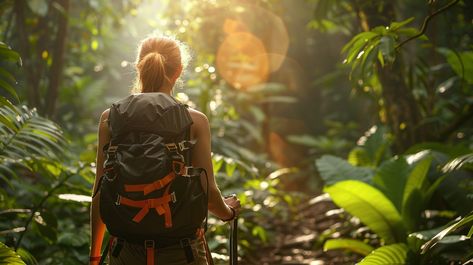 "Jungle #hikingadventure: A #youngwoman with a #travelbackpack explores a #sunlit #tropicalforest, surrounded by #lushgreenery. ⬇️ Download and 📝 Prompt 👉 https://stockcake.com/i/jungle-hiking-adventure_1118553_1141121" Jungle Hike, Green Scenery, Sky Digital, Adventurous Women, Autumn Rain, Jungle Adventure, Vintage Moon, Hiking Adventure, Tropical Forest