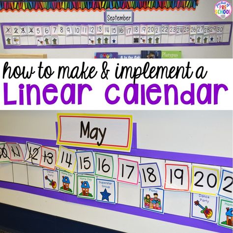 Linear Calendar, Color Activities For Toddlers, Calendar Skills, Pocket Of Preschool, Preschool Calendar, Prek Classroom, Preschool Circle Time, Classroom Calendar, Calendar Time