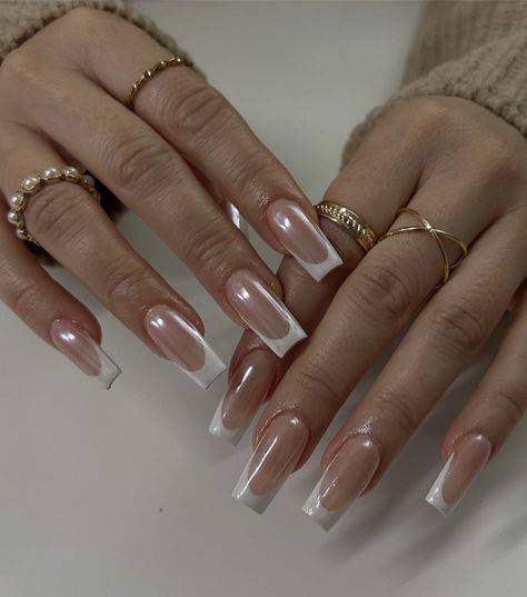 Nail Inspo Chrome French, Long Square Chrome Nails, Square French Chrome Nails, Square French Tip Chrome, Nails Chrome Square, Chrome French Nails Square, White Base French Nails, Shiny French Tip Nails, Chrome Square Nails