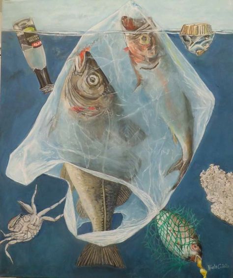 Fish Gcse Art, Plastic Pollution Art Drawing, Water Pollution Painting, Pollution Artwork, Ocean Pollution Art, Pollution Painting, Sustainability Art, Art Competition Ideas, Waste Art