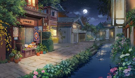 Studio Ghibli Town Aesthetic, Wallpaper Desktop Aesthetic Anime, Christmas Anime Wallpaper Laptop, Anime Landscape Wallpaper Studio Ghibli, Anime Town Aesthetic, Chinese Wallpaper Pc, Ghibli Town, Studio Ghibli Wallpaper Desktop, Ghibli Wallpaper Desktop