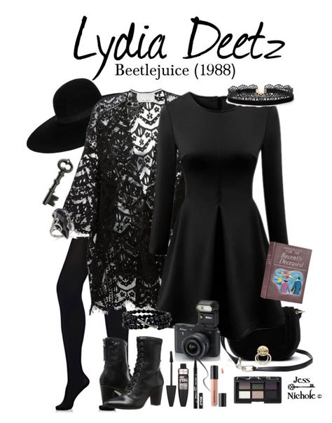 "Beetlejuice (1988): Lydia Deetz" by jess-nichole ❤ liked on Polyvore featuring Maison Michel, Diane Von Furstenberg, Wolford, ChloÃ©, WithChic, Azalea, Johnston & Murphy, NARS Cosmetics, Nikon and Renee Sheppard Lydia Dress Beetlejuice, Plus Size Lydia Deetz Costume, Lydia Deetz Black Dress, Diy Lydia Deetz Costume Black, Lydia Deetz Aesthetic Outfit, Lydia Deetz Black Outfit, Lydia From Beetlejuice Costume, Lydia Beetlejuice Outfit, Lydia Deetz Halloween Costume