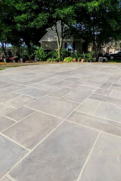 Concrete That Looks Like Tile, Tile In Backyard Patio, How To Make Cement Patio Look Better, Concrete Patio Before And After, Large Stamped Concrete Patio, Stamped Concrete Vs Paver Patio, Paver Concrete Patio, Concrete Hardscape Backyard, Imprinted Concrete Patio Ideas