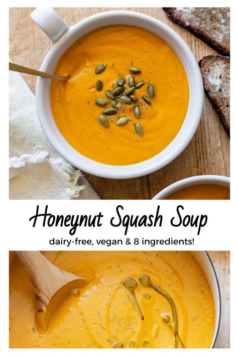 Honeynut Squash Soup Dairy Free Squash Soup, Roasted Honeynut Squash Soup, Honey Nut Squash Soup, Honeynut Squash Recipes, Honeynut Squash Soup, Butter Squash Soup, Paleo Soup Recipes, Honeynut Squash, Blender Soup