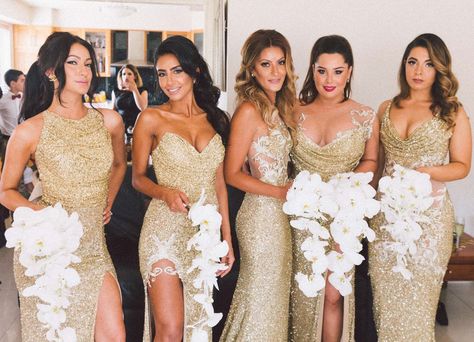 sparkly-gold-bridesmaids-dresses Plus Size Maid, Sparkly Bridesmaid Dress, Mermaid Bridesmaid, Gold Bridesmaid Dresses, Bridesmaid Inspiration, Dress With Split, Sequin Bridesmaid Dresses, Gold Bridesmaids, Mermaid Bridesmaid Dresses