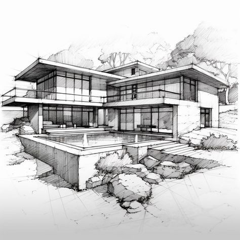 Arhitectura Drawing House, Modern House Sketch Architecture, Architectural Drawings Sketches, Modern House Drawing Sketches, Futuristic House Architecture, House Sketch Architecture, Architecture Sketch Simple, House Design Sketch, Japanese House Modern