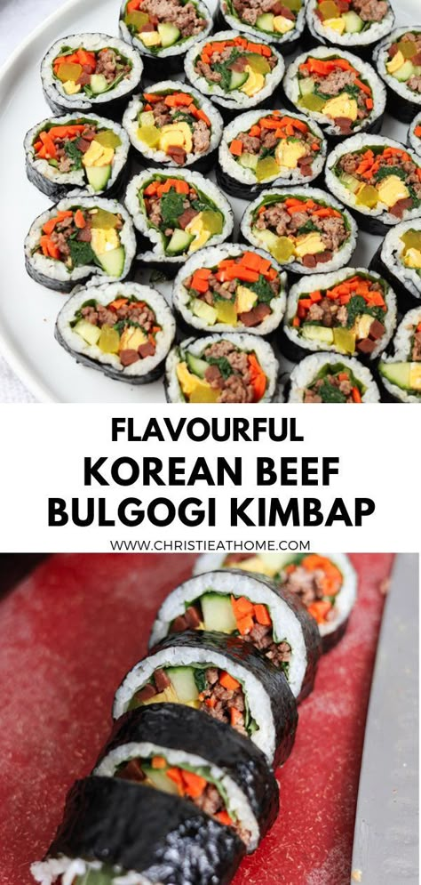 Beef Bulgogi Kimbap. Sweet savoury ground beef wrapped tightly with egg, carrots, pickled burdock and daikon, sesame flavoured spinach, cucumber and perilla leaves in roasted seaweed and rice. The ultimate kimbap that will satisfy your tastebuds. It is filling, delicious and perfect for lunch, dinner, snack or even breakfast! Korean comfort food at it is finest. #recipe #aesthetic #korean #recipe korean #korean sushi #recipe easy #how to make #beef #korean food #ground beef #korean beef #beef Bulgogi Kimbap, Breakfast Korean, Seaweed And Rice, Carrots Pickled, Gimbap Recipe, Korean Comfort Food, Korean Sushi, Perilla Leaves, Korean Beef Bulgogi