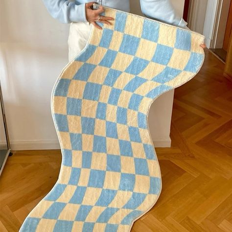 this wavy checkered rug is such a vibe rock it in any way to compliment your checkered decor halls, extensions, kitchens, bathrooms ~~ ~~ it works🎀✨ Checkerboard Bedroom, Carpet Cute, Bedside Rug, Danish Pastel, Checkered Rug, Bedroom Area Rug, Fluffy Rug, Lattice Design, Plush Rug