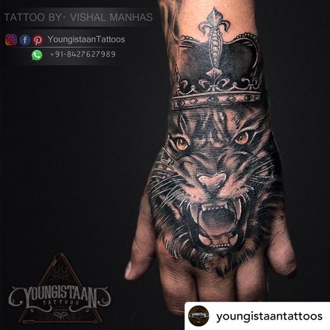 Hand Lion Tattoo Design, Tiger Hand Tattoo Men, Hand Lion Tattoo, Animal Hand Tattoo, Lion Hand Tattoo Men, Crown Hand Tattoo, Dragon Hand Tattoo, Tiger Hand Tattoo, Lion Hand Tattoo