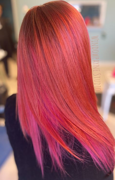 Red copper and pink hair Copper Red Hair With Pink Highlights, Copper Hair Pink Highlights, Copper Hair With Pink Highlights, Red With Pink Highlights, Coral Red Hair, Pink Highlights In Red Hair, Pink And Copper Hair, Copper Pink Hair, Pink Copper Hair