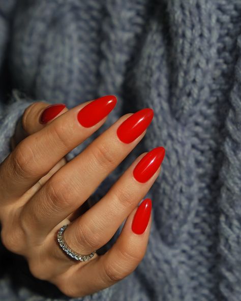 Red gel polishes by @dreamgoddessnails #productphotography #handmodel #nailsmodel #rednails #gelpolish #nailcare Simple Red Almond Nails, 2024 Red Nails, Red Gel Nails Almond, Red Nails Bright, Tomato Red Nails, Bright Red Gel Nails, Bright Red Almond Nails, Nail Inspo For Winter, Red Round Nails