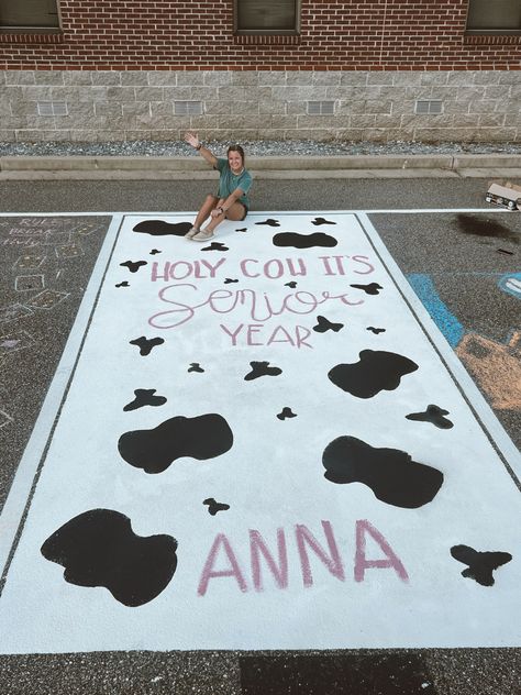 Cute Parking Spot Paintings Senior, Cow Print Senior Parking Spot, Cow Senior Parking Spot, Parking Spot Painting Country, Senior Parking Spaces Country, Senior Parking Space Ideas Country, Parking Spot Ideas High School, Senior Brick Painting Ideas, High School Parking Spot Painting Ideas