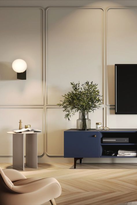 Our large Tv Stand wrapped in a navy blue veneer, combined with gold handles and black accessories - base and glossy panels between doors - will make a spectacular effect in your living room. The frame perches on slender iron legs, which lend an airy, floating feel. The clean corner arches on selected fronts are like a signature that emphasizes the unique character of this piece. Empty Wall Ideas Living Room, Tv Wall Wood Panel, Tv Wall Wood, Empty Wall Ideas, Living Room Tv Stands, Wall Ideas Living Room, Tv Wall Ideas, Modern Tv Room, Tv Unit Design Modern