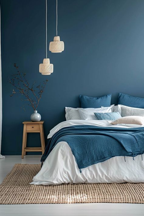 29 Minimal Blue Bedroom Ideas 10 Blue Coastal Bedroom, Blue Boho Bedroom, Uncluttered Bedroom, Blue Bedroom Ideas, Peaceful Bedroom, Boho Style Bedroom, Minimal Furniture, Pop Ceiling Design, Bedroom Decor For Couples