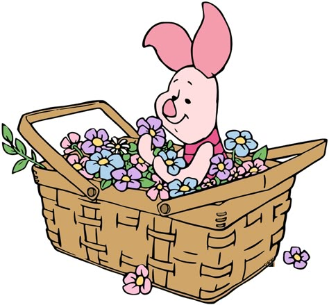 Clip art of Piglet sitting in a basket of flowers #piglet, #winniethepooh, #mayflowers, #spring, #springtime Winnie The Pooh Spring, Piglet From Winnie The Pooh, Pooh Bear And Piglet, Spring Rocks, Piglet And Pooh, March Bujo, Disney Piglet, Spring Cartoon, Piglet Winnie The Pooh