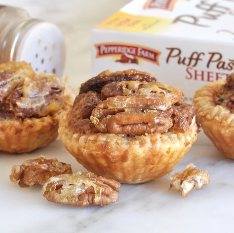 Puff Pastry Pecan Mini Tarts Topped with Caramelized Pecan Halves Recipe.  Make your holidays sweeter with these mini pecan pies Deliciously small and perfectly unshareable! Puff Pastry Mini Tarts, Pecan Puff Pastry Recipes, Puff Pastry Pecan Pie, Puff Pastry Pecan Bites, Puff Pastry Pecan Pie Bites, Pecan Pie Puff Pastry, Pecan Puff Pastry, Mini Tarts Recipe, Fall Pastries