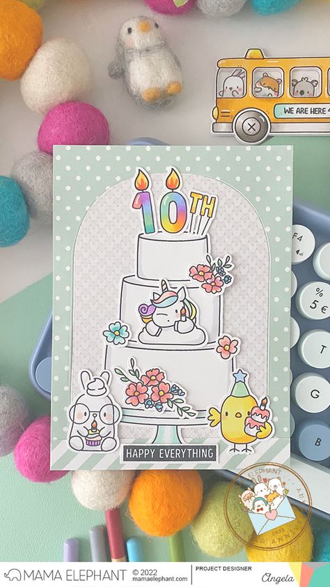 MAMA ELEPHANT 10th Year Anniversary & Promotion Mama Elephant Birthday Cards, Mama Elephant Celebration Cake, Elephant Birthday Cakes, Drawing Pictures For Kids, 10th Year Anniversary, Candle Stamping, Elephant Cards, Mama Elephant Cards, Mama Elephant Stamps