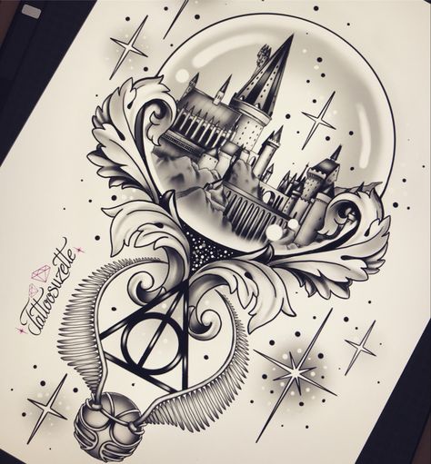 Harry Potter Tattoos Thigh, Harry Potter Collage Tattoo, Hogwarts Art Draw, Hedwig Tattoo Harry Potter, Harry Potter Sleeve Tattoo For Women, Harry Potter Tattoos Sleeve, Harry Potter Art Sketches, Harry Potter Sleeve Tattoo, Fantastic Beasts Tattoo