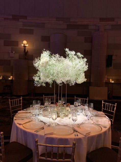 Cloud Wedding Centerpiece, Wedding Flower Cloud, Cloud Floral Arrangement, Floral Cloud Wedding, Babys Breath Centerpiece Round Table, Babys Breath Wedding Decorations, Flower Clouds Wedding, Cloud Wedding Theme, Centerpiece Aesthetic