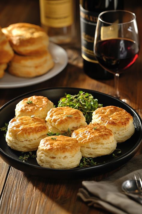 Flaky biscuits on a black plate with herbs, accompanied by a glass of red wine. Gluten Free Egg Free Biscuits, Gluten Free Chicken And Biscuits, King Arthur Gluten Free Biscuits, Quick Gluten Free Biscuits, Fluffy Gluten Free Biscuits, Homemade Gluten Free Biscuits, Gluten Free Bisquick Biscuits, Gluten Free Drop Biscuits Easy, Gluten Free Tea Biscuits