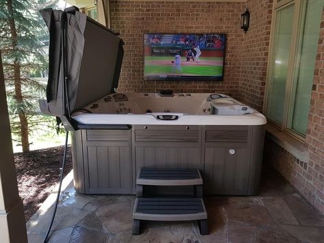 Hot Tub On Side Of House, Diy Hot Tub Shelter, Backyard Hot Tub Landscaping Ideas, Hot Tub Tv Ideas, Hot Tub Hut Ideas, Hot Tub On Concrete Patio, Hot Tub On Porch, Hot Tubs On Patios, Hot Tub Porch Ideas