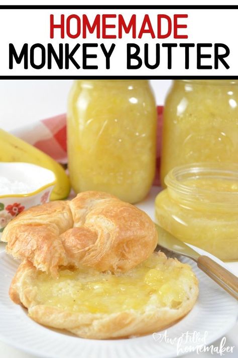 Canning Monkey Butter Recipe, Monkey Butter Recipe Simple, Monkey Jam Recipe, Fruit Butters Recipes, Monkey Butter Recipe Canning, Banana Butter Recipe, Canning Bananas, Fruit Butter Recipes, Monkey Butter Recipe