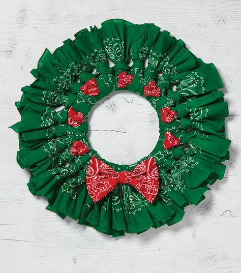 Easy Bandana Crafts You Can DIY in Minutes - Wildflowers and Wanderlust Make Christmas Wreaths, Bandana Wreath, Baby Christmas Crafts, Bandana Crafts, Christmas Bandana, Fabric Wreath, Rag Wreath, Green Wreath, Wreath Crafts