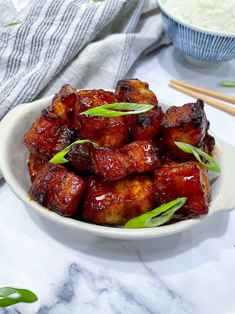 The Best Air Fryer Honey Teriyaki Pork Belly Bites – The Savory Chopstick Asian Pork Belly Recipes Crispy, Trader Joe’s Pork Belly Air Fryer, Air Fryer Chinese Recipes, Honey Glazed Pork Belly, Pork Belly With Rice, Asian Pork Belly Recipes, Asian Pork Belly, Air Fryer Pork Belly, Glazed Pork Belly