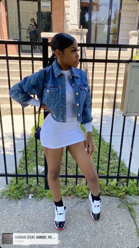 Denim Mini Dress Outfit Black Women, Jean Jacket Outfit, Jordan 11s, Winter Outfits Warm, Streetwear Girl, Mini Dress Outfits, Boujee Outfits, Clueless Outfits, Summer Trends Outfits