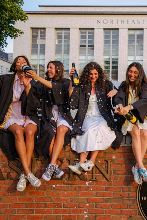 A group of best friends pop bottles of champagne and smile for their senior photoshoot celebrating their Northeastern University graduation.
Photographer: Wagamini Wanja Njama (@maithuza on Instagram) Three Friends Graduation Pictures, Group Of 4 Graduation Pictures, Graduation Pictures Poses Friends, Friend Group Grad Pics, Group Photos Graduation, 3 People Graduation Pictures, Fun Graduation Pictures With Friends, Grad Poses Photo Shoots With Friends, Roommate Graduation Pictures