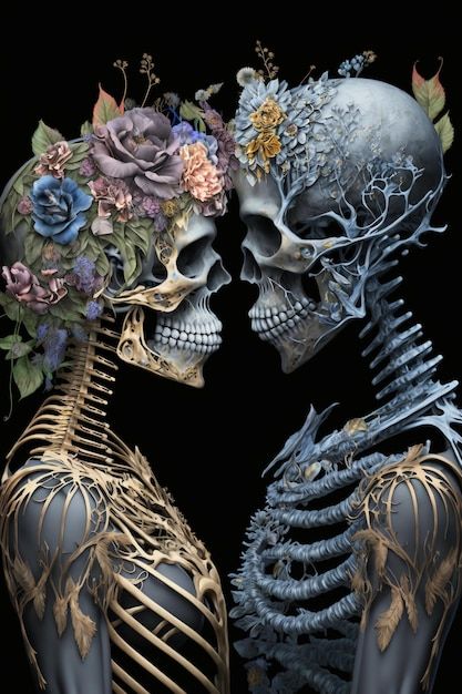 Skeleton And Human Art, Half Skeleton Half Human Art, Skull Tattoo Ideas Female, Half Skeleton Half Human Drawing, Human Anatomy Art Artworks, Female Skeleton Art, Skeleton And Woman, Skeletons With Flowers, Skeleton Art Aesthetic