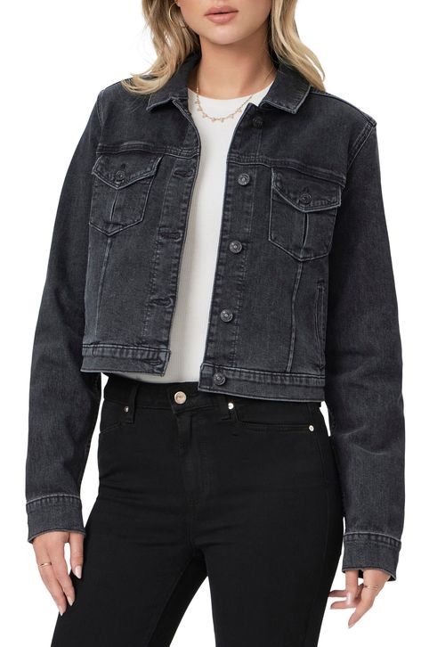 A staple for any wardrobe, this denim trucker jacket has a relaxed, slightly cropped length and an evenly faded black wash for casual-cool style. 20" length (size Medium) Front button closure Spread collar Button cuffs Chest button-flap patch pockets; front welt pockets 94% cotton, 5% polyester, 1% elastane Machine wash, line dry Imported Black Manta, Denim Trucker Jacket, Trucker Jacket, Material Girls, Jean Jacket, Cool Style, Top Brands, Nordstrom, Size Medium