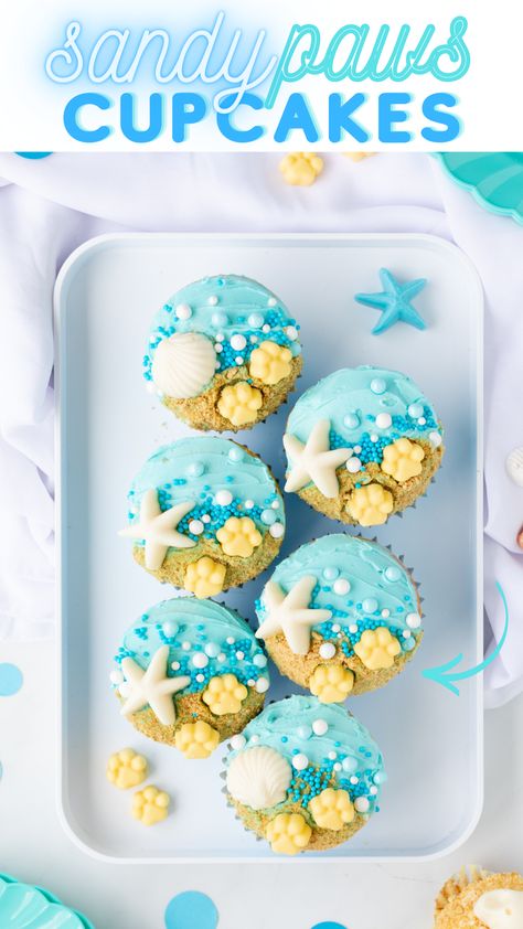 Check out this paw-tastic recipe for some paws in the sand cupcakes inspired by PAW Patrol Aqua Pups, available on DVD March 28! AD Click here to join the fun ▶️ https://bit.ly/AquaPupsPawsintheSandCupcakes Sand Cupcakes, Ocean Themed Cupcakes, Paw Print Cupcakes, Paw Patrol Aqua Pups, Paw Cupcakes, Bake Ideas, Food Reference, Cupcakes With Chocolate, Chocolate Shells