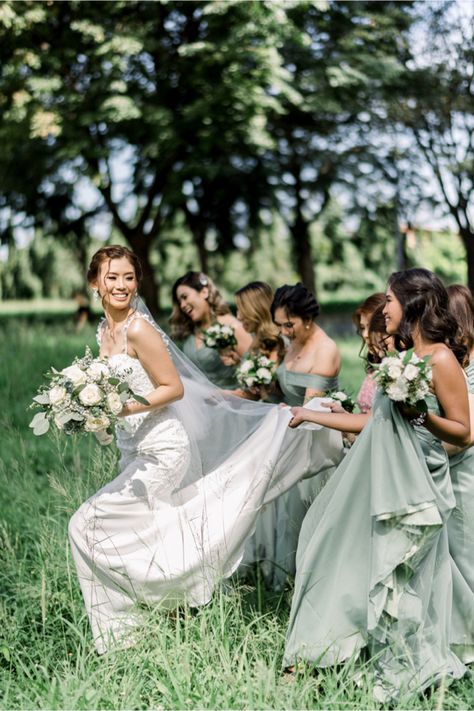 A Fresh and Elegant Wedding with Sage Green Accents | https://brideandbreakfast.ph/2020/02/01/elegant-wedding-in-pastel-green/ Wedding With Sage Green, Green And Burgundy Wedding, Sage Green Accents, Wedding Rings Box, Fall Woods, Green Wedding Rings, Sage Green Wedding Colors, Light Pink Bridesmaid Dresses, Rings Box