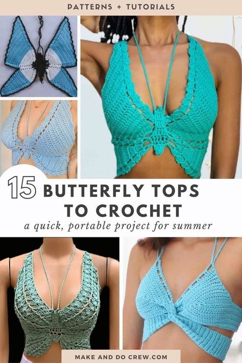 Crochet Top For Plus Size, Goth Crochet, Butterfly Tops, Crocheted Dresses, Crochet Halter Top Pattern, Halter Top Pattern, Crochet Butterfly Pattern, Knit Summer, Crochet Wearables