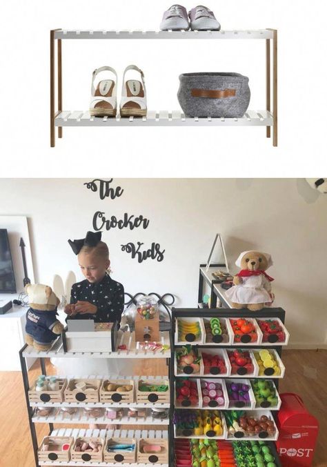 Shoe rack Kmart hack #kitchenhacks Indoor Playroom Ideas, Shoe Rack Hacks, Kids Shoe Rack, Montessori Toddler Bedroom, Kmart Hack, Walker Learning, Hanging Drywall, Kmart Home, Kmart Hacks