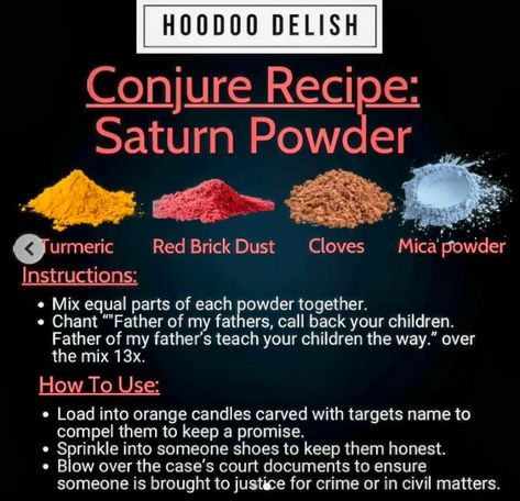 Night Honey Hoodoo, Red Brick Dust Hoodoo, Bank Dirt Hoodoo, Hotfoot Powder Recipe, Spell Powders, Hoodoo Recipes, Banish Spell, Oil Spells, Magickal Recipes