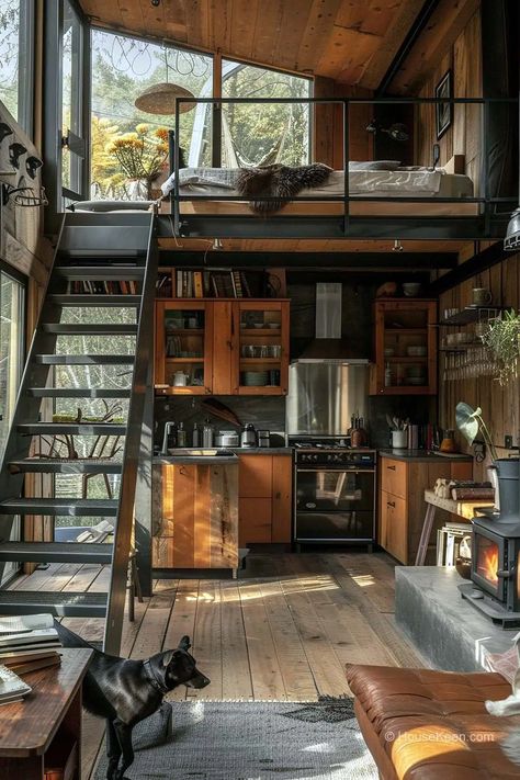 36 Tiny Houses With Fireplaces That Look Amazing (Pictures) House Asthetic Picture Outside, Tiny House Mezzanine, Single Floor Tiny House, Tiny House Cabin Small Cottages, Tiny House Fireplace, Industrial Tiny House, Tiny Houses Interior, Country Tiny House, Mezzanine House Design