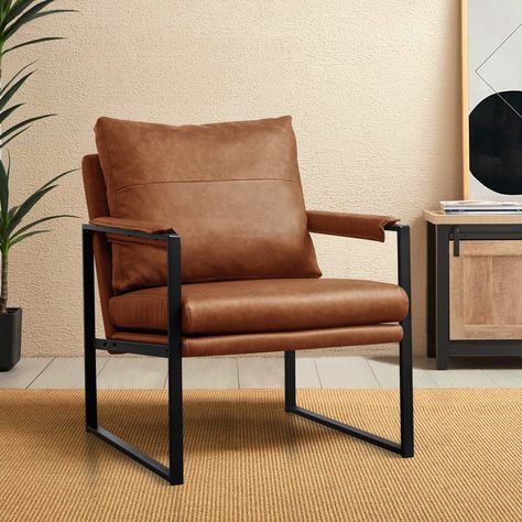 Experience modern style and comfortable seating with Subrtex Mid-Century Style Faux Leather PU Accent Chair.The accent leather chair is architecturally sculpted to create a solid and striking guest chair. Leather And Metal Chair, Small Salon Waiting Area Seating, Brown Leather Accent Chair Living Rooms, Entryway Chair, Man's Bedroom, Leather Occasional Chair, Brown Accent Chair, Brown Leather Chairs, Den Ideas