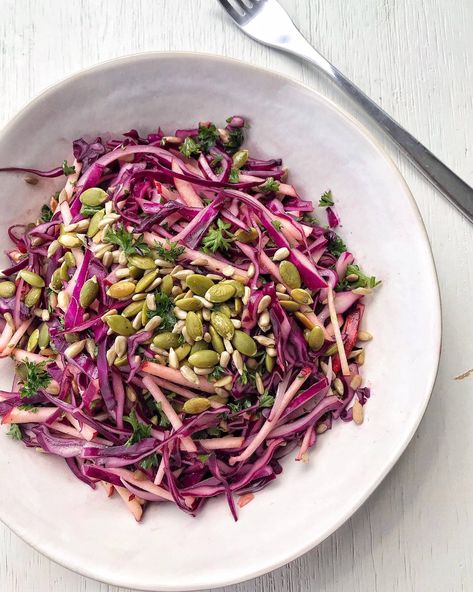 Red Cabbage, Apple & Toasted Seed Slaw Red Cabbage Apple, Chipotle Slaw, High Fodmap Foods, Julienned Carrots, Apple Slaw, Chipotle Peppers, Toasted Pumpkin Seeds, Freshly Squeezed Orange Juice, Crispy Tofu