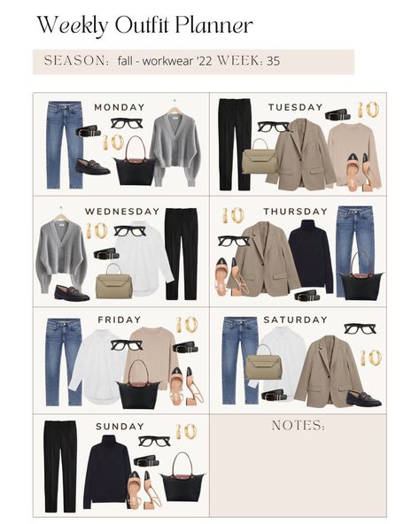 Ewelina Kanty on Instagram: “Year of outfits - WEEK 35 ___ A week of outfits, where I mixed and matched only 7️⃣ pieces of clothing and created 7️⃣ #smartcasual ideas…” A Week Of Outfits, Week Of Outfits, Minimalist Wardrobe Capsule, Capsule Wardrobe Women, Outfit Planner, Smart Casual Women, 2022 Year, Casual Work Outfits Women, Capsule Wardrobe Work