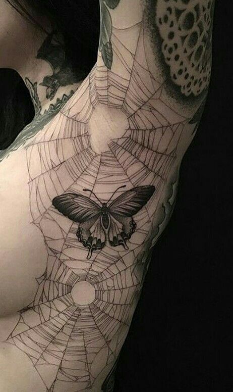 Spider Web Tattoos On Elbow, Spiderweb Tattoo Sleeve Filler, Armpit Spider Web Tattoo, Covered In Tattoos Women, White Ink Spider Web Tattoo, Spiderweb Arm Tattoo, Spiderweb Filler Tattoo, Floral And Bug Sleeve Tattoo, Spiderweb Armpit Tattoo