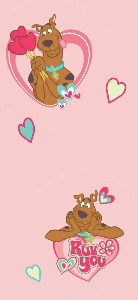 Light pink Iphone wallpaper featuring Scooby Doo with teal and pink hearts saying "Ruv You" Valentine Cartoon Wallpaper, Pink Scooby Doo Aesthetic, Scooby Doo Christmas Wallpaper, Cute Valentines Wallpaper Iphone, Scooby Doo Wallpaper Iphone, Scooby Doo Wallpaper, Scooby Doo Valentine, 2013 Wallpaper, Scooby Doo Pictures