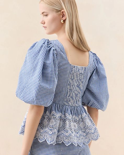 Shop the Jodie Blue Gingham Embroidered Top at Loefflerrandall.com Gingham Fabric, Blue Gingham, Scalloped Edge, Embroidered Top, Mozambique, Button Placket, 11 11, Caribbean Netherlands, 12 12