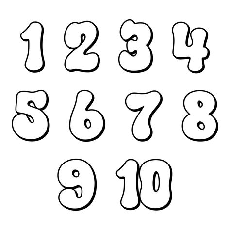 Printable Numbers 1 10 Number Designs Fonts, 1 To 10 Numbers Design, Graffiti Bubble Numbers, Bubble Letter Fonts Numbers, Numbers Bubble Letters, 1 Drawing Number, Number Ideas Design, 1 Lettering Number, Numbers Drawing Design