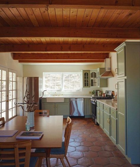 Kitchen With Terra Cotta Tile Floor, Southwest Kitchen, Long Driveway, Barn Kitchen, Three Hearts, Kitchen Time, Charming Home, Living Room Flooring, Painting Kitchen Cabinets