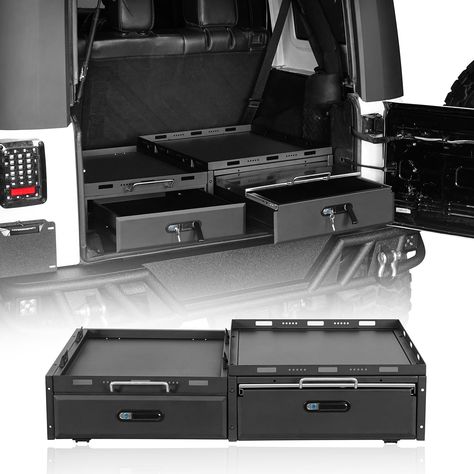 PRICES MAY VARY. 【Application】Hooke Road double cargo drawer system & fridge slide mounts fit for 2007-2024 Jeep Wrangler JK JL Unlimited 4-door models. (Note: Not compatible with models featuring an immovable side subwoofer.) 【Lockable Drawers】Say goodbye to cluttered trunks with our 2-drawer system. Keep tools, gear and miscellaneous items neatly organized and out of sight. Featuring two drawers for ample storage space, with internal dimensions of 13.3 x 23.3 x 3.6 in and 17.3 x 23.2 x 4.2 in Drawer Fridge, Cj Jeep, Drawer System, Sliding Table, Lockable Storage, Small Fridges, Jeep Wrangler Yj, Jeep Cherokee Xj, Trunk Organization